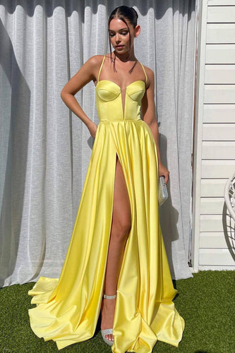 Satin A-Line Yellow Prom Dress with Slit
