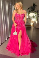 Load image into Gallery viewer, Fuchsia A Line Glitter Sequined Long Prom Dress With Slit