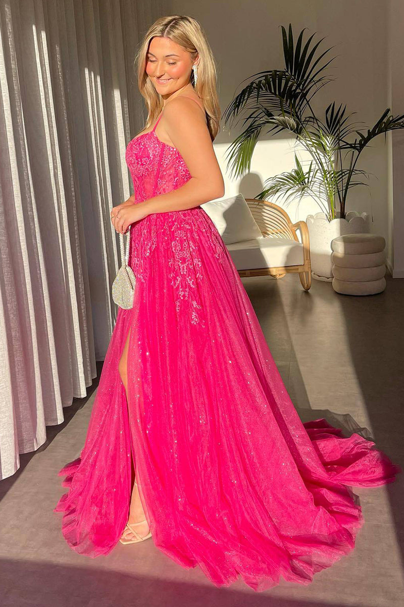 Load image into Gallery viewer, Fuchsia A Line Glitter Sequined Long Prom Dress With Slit