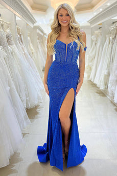 Sparkly Royal Blue Long Prom Dress With Slit
