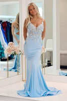 Load image into Gallery viewer, Light Blue Mermaid Long Prom Dress With Appliques