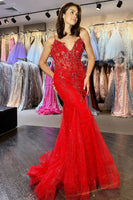 Load image into Gallery viewer, Red Mermaid Long Corset Prom Dress With Appliques