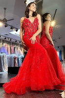 Load image into Gallery viewer, Red Mermaid Long Corset Prom Dress With Appliques