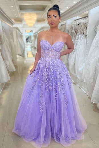 Purple A Line Long Corset Prom Dress With Appliques