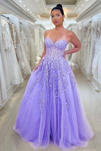 Purple A Line Long Corset Prom Dress With Appliques