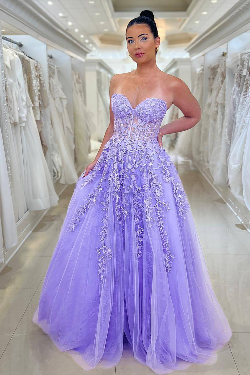 Load image into Gallery viewer, Purple A Line Long Corset Prom Dress With Appliques