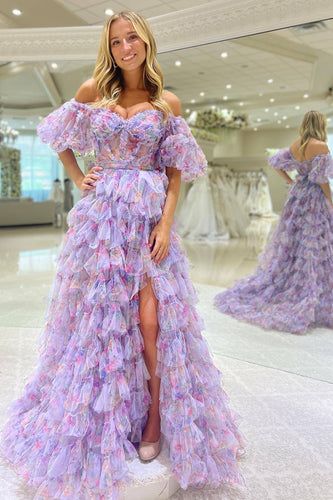 Purple A Line Corset Long Tiered Prom Dress With Slit