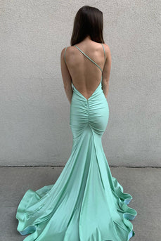 Satin Mermaid Backless Green Prom Dress