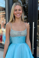 Load image into Gallery viewer, Satin Beaded Blue Prom Dress with Bowknot