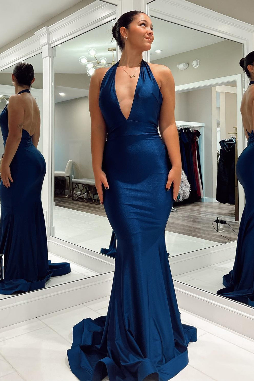 Dark Blue Mermaid Halter Long Prom Dress