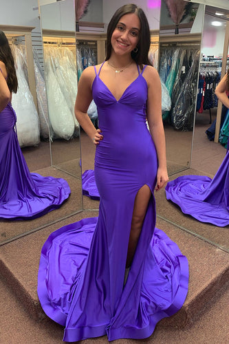 Mermaid Lace-Up Back Purple Prom Dress with Slit
