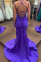 Load image into Gallery viewer, Mermaid Lace-Up Back Purple Prom Dress with Slit