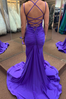 Mermaid Lace-Up Back Purple Prom Dress with Slit