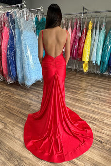 Red Mermaid Spaghetti Straps Long Prom Dress with Slit