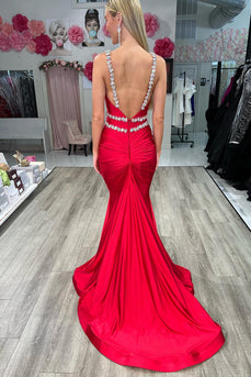 Mermaid Red Satin Prom Dress with Beading