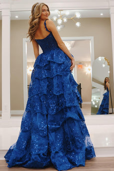 Royal Blue Sequins Tiered Prom Dress with Slit