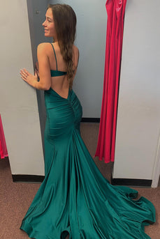 Mermaid Spaghetti Straps Dark Green Prom Dress with Slit