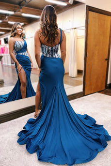 Mermaid One Shoulder Royal Blue Beaded Prom Dress with Slit