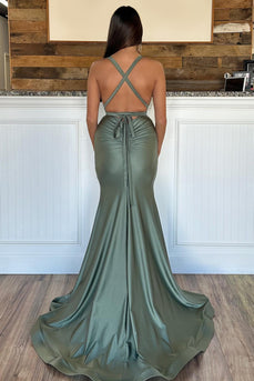 Satin Mermaid Grey Green Prom Dress
