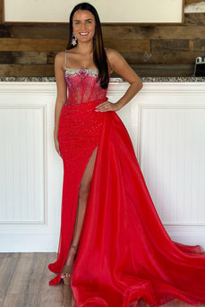Mermaid Beaded Red Prom Dress with Slit