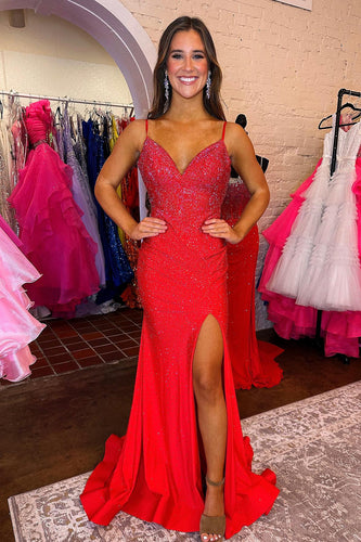Red Beaded Prom Dress with Slit