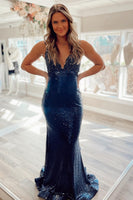 Load image into Gallery viewer, Sparkly Mermaid Lace-Up Back Sequins Navy Prom Dress