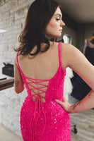 Load image into Gallery viewer, Sparkly Fuchsia Corset Sequins Long Mermaid Prom Dress with Slit