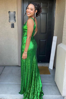 Mermaid Square Neck Sparkly Green Prom Dress with Slit