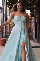 Load image into Gallery viewer, Satin Beaded Lilac Corset Prom Dress with Slit