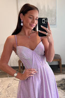 Load image into Gallery viewer, Satin Beaded Lilac Corset Prom Dress with Slit