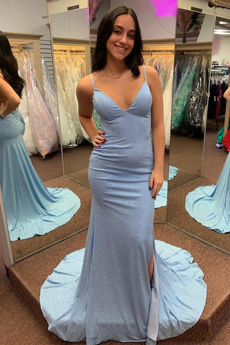 Sparkly Grey Blue Mermaid Spaghetti Straps Long Prom Dress with Slit