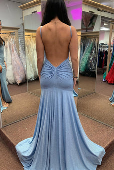 Sparkly Grey Blue Mermaid Spaghetti Straps Long Prom Dress with Slit