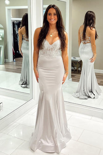 Mermaid Lace-Up Back Light Grey Corset Prom Dress