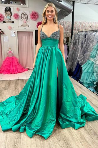 Sparkly Spaghetti Straps Green Long Prom Dress with Slit