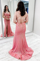 Load image into Gallery viewer, Sparkly Mermaid Coral Long Prom Dress with Slit