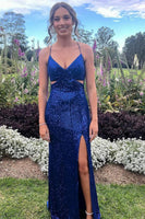 Load image into Gallery viewer, Royal Blue Mermaid Sequins Long Prom Dress with Slit