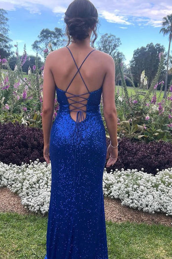 Royal Blue Mermaid Sequins Long Prom Dress with Slit