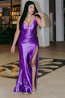Load image into Gallery viewer, Satin Dark Purple Corset Prom Dress with Ruffles