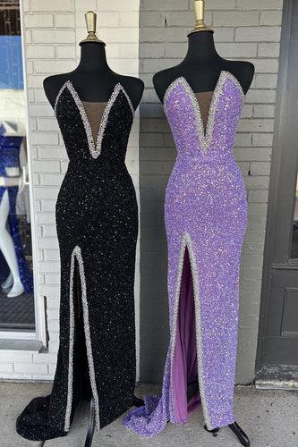 Sparkly Purple Strapless Long Prom Dress with Beading