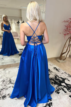 Satin A-Line Lace-Up Back Royal Blue Long Prom Dress