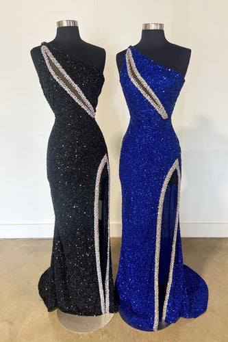 Sparkly Mermaid One Shoulder Black Long Prom Dress with Slit