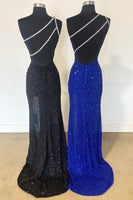 Load image into Gallery viewer, Sparkly Mermaid One Shoulder Black Long Prom Dress with Slit