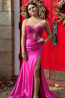 Mermaid Sweetheart Fuchsia Corset Prom Dress with Slit