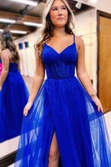 A-Line Royal Blue Spaghetti Straps Corset Prom Dress with Slit