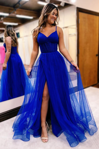 A-Line Royal Blue Spaghetti Straps Corset Prom Dress with Slit