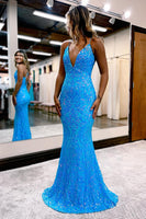 Load image into Gallery viewer, Sparkly Blue Spaghetti Straps Long Prom Dress
