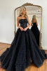 Load image into Gallery viewer, Women Sparkly Black Long Corset Prom Dress with Slit A-Line Beaded Spaghetti Straps Formal Dress