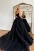 Load image into Gallery viewer, Sparkly Black Corset Spaghetti Straps Tulle A-Line Long Prom Dress with Slit