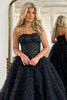 Load image into Gallery viewer, Sparkly Black Corset Spaghetti Straps Tulle A-Line Long Prom Dress with Slit