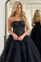 Load image into Gallery viewer, Sparkly Black Corset Spaghetti Straps Tulle A-Line Long Prom Dress with Slit